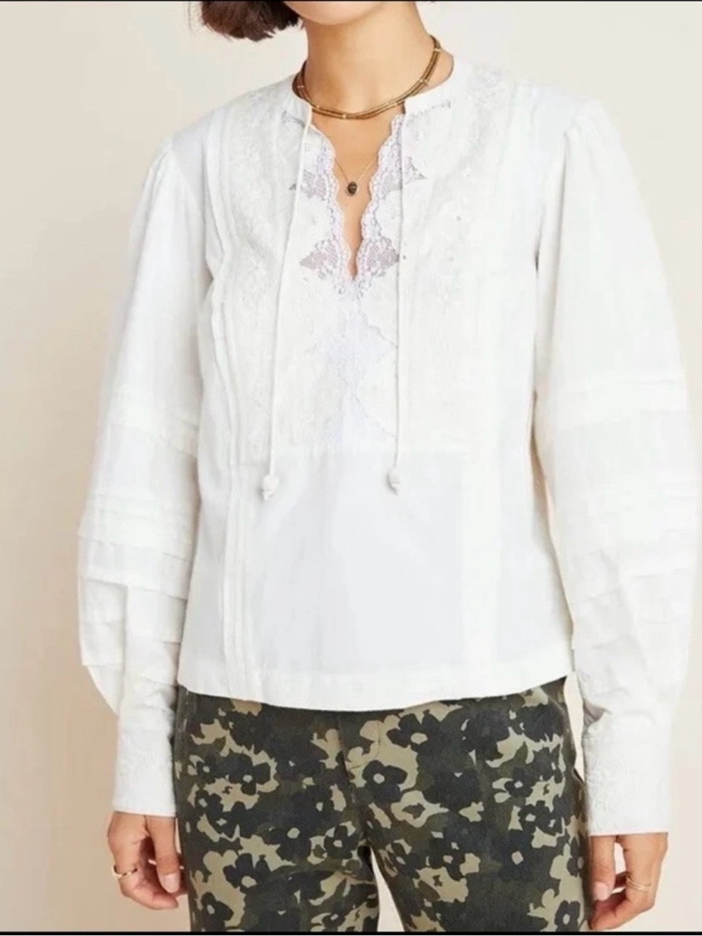 Anthropologie Delilah White Embroidered Pleated Lace Peasant Blouse Size 14